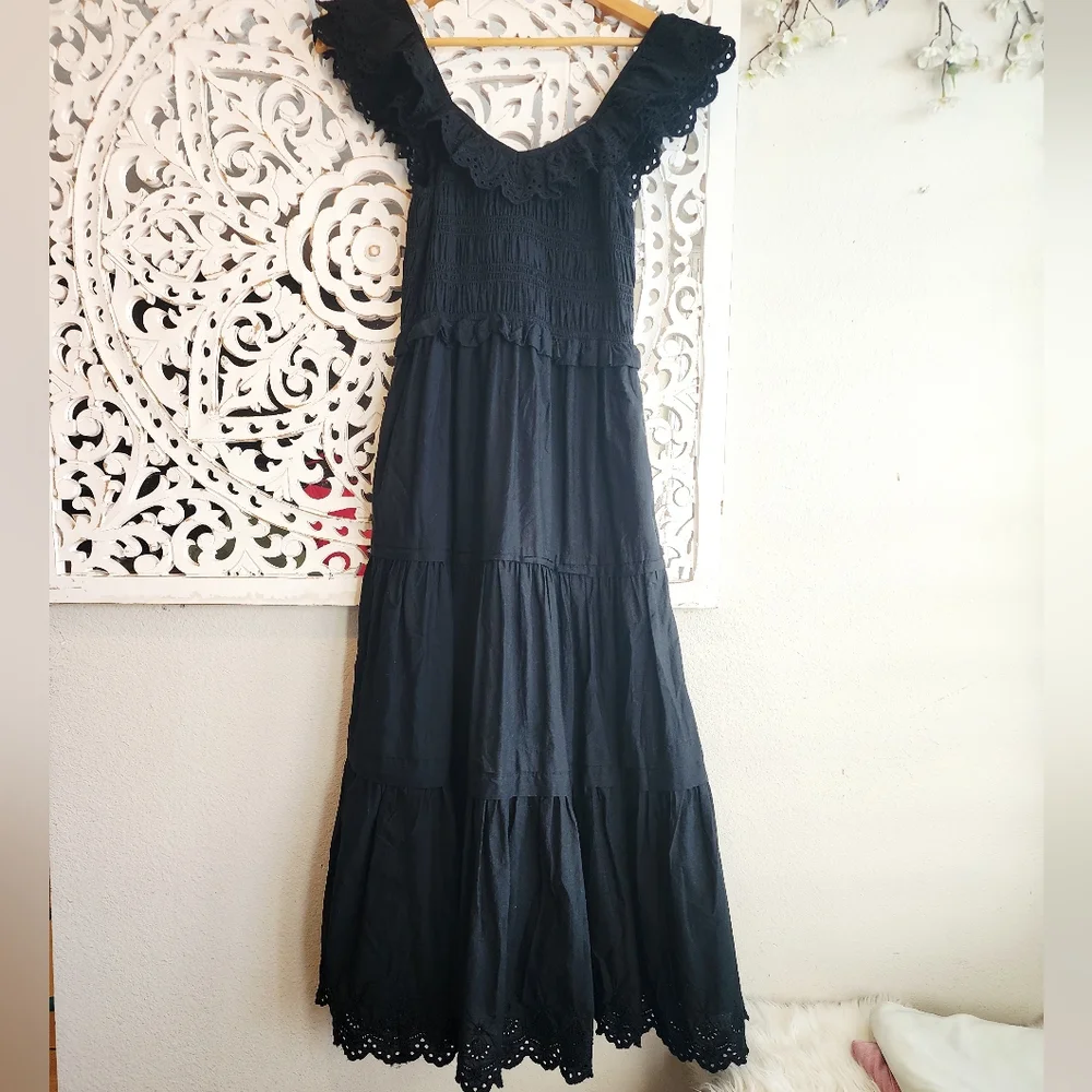 Madewell Madilynn Ruffle Neck Lucie Black Midi Dress Size 0 - Picture 3 of 14